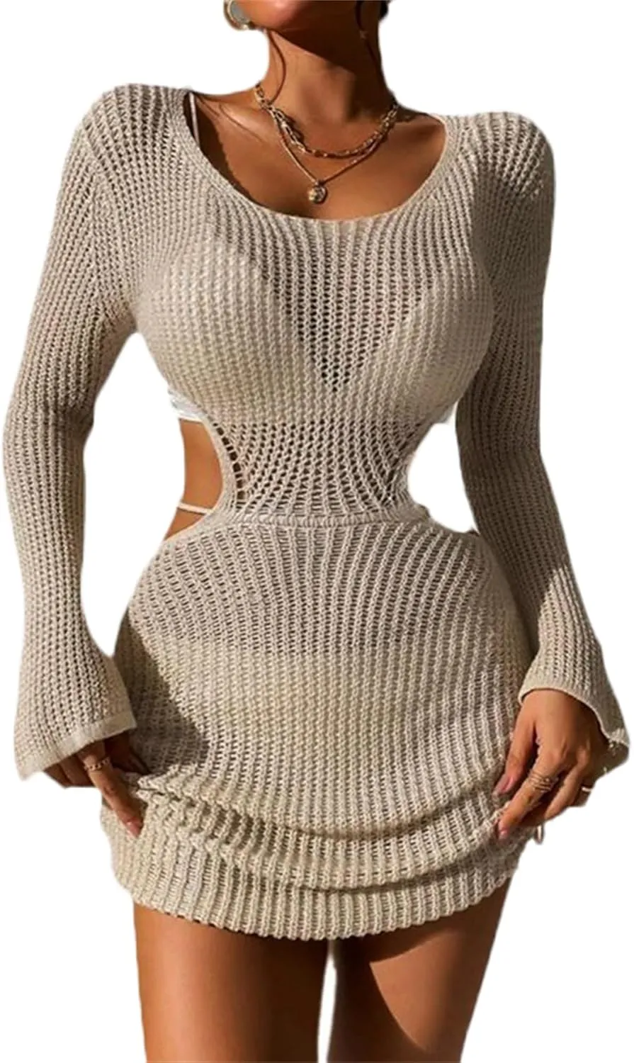 Women's Long Sleeve Backless Knitted Cover Up Swimsuit Hollow Out Crochet Swimwear Beach Dress