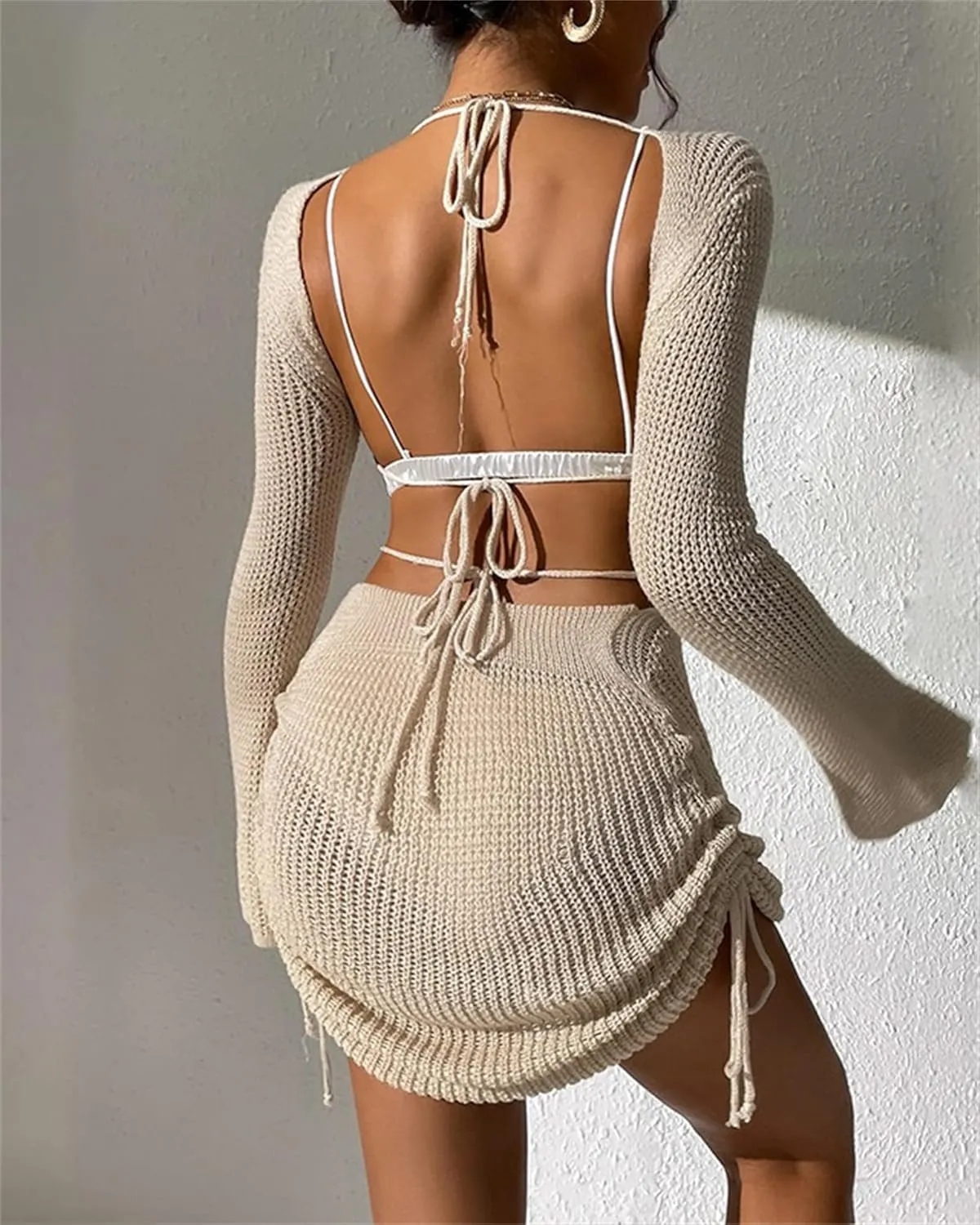 Women's Long Sleeve Backless Knitted Cover Up Swimsuit Hollow Out Crochet Swimwear Beach Dress