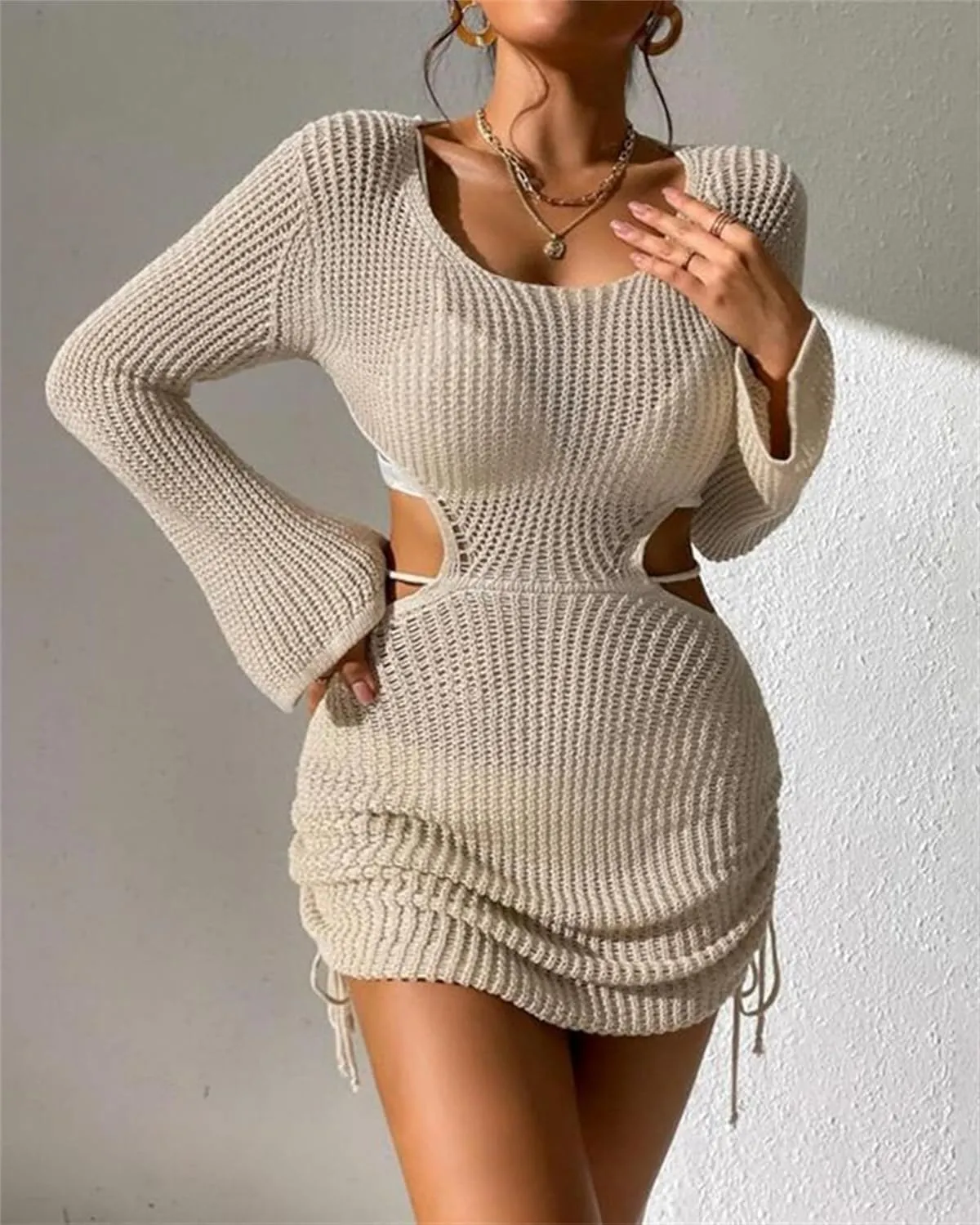 Women's Long Sleeve Backless Knitted Cover Up Swimsuit Hollow Out Crochet Swimwear Beach Dress
