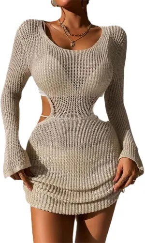 Women's Long Sleeve Backless Knitted Cover Up Swimsuit Hollow Out Crochet Swimwear Beach Dress