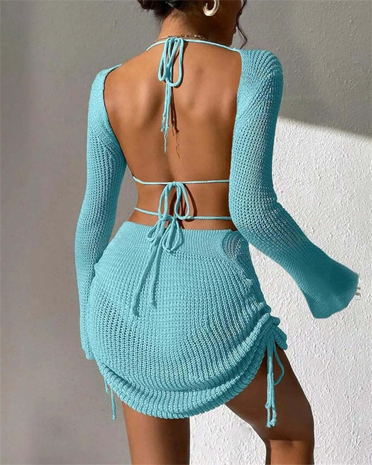 Women's Long Sleeve Backless Knitted Cover Up Swimsuit Hollow Out Crochet Swimwear Beach Dress