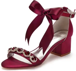 Women's Low Block Heels Sandals Peep Toe Chunky Ankle Strap Crystal Wedding Dress Shoes with Bow