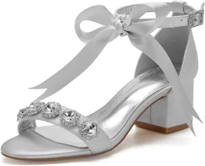 Women's Low Block Heels Sandals Peep Toe Chunky Ankle Strap Crystal Wedding Dress Shoes with Bow