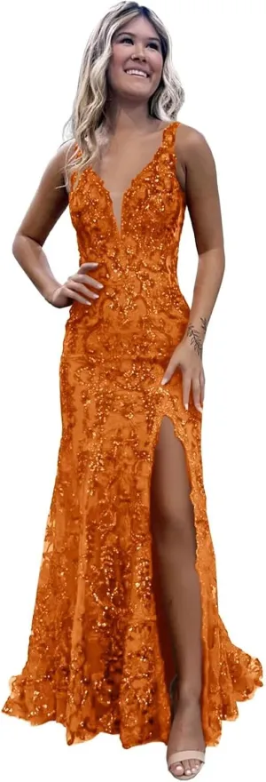 Women’s Mermaid Sequin Prom Dresses 2025 Sparkly Deep V Neck Lace Applique Slit Boydcon Formal Evening Party Gown