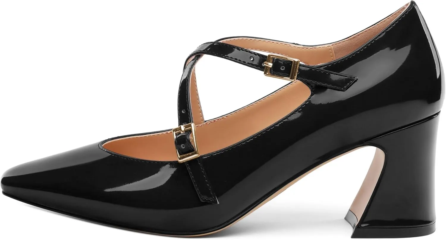 Women's Mid Chunky High Heels Closed Square Toe Patent Pumps Cross Strap Heels Evening Party Dress Shoes 2.5IN