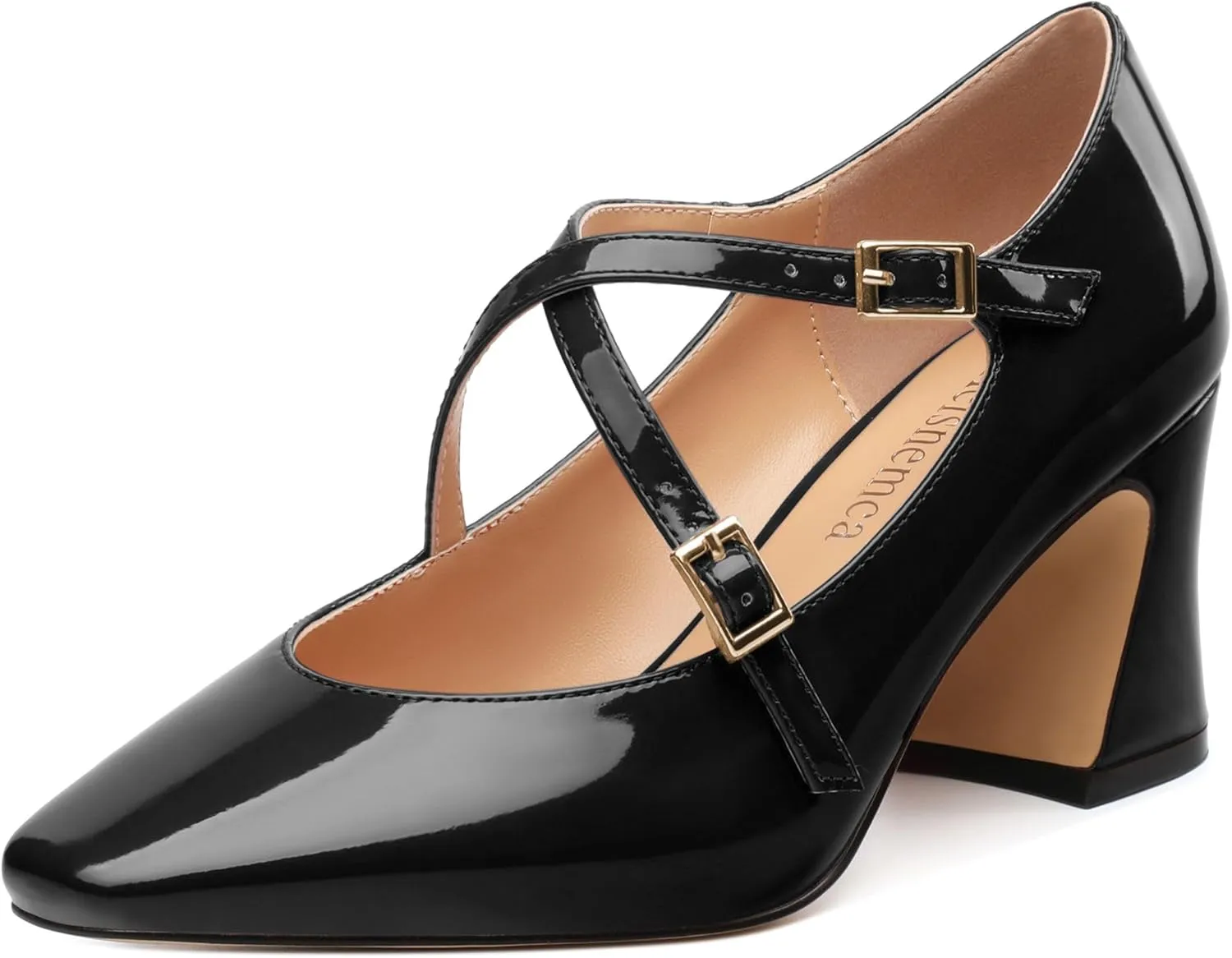 Women's Mid Chunky High Heels Closed Square Toe Patent Pumps Cross Strap Heels Evening Party Dress Shoes 2.5IN
