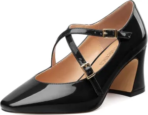 Women's Mid Chunky High Heels Closed Square Toe Patent Pumps Cross Strap Heels Evening Party Dress Shoes 2.5IN