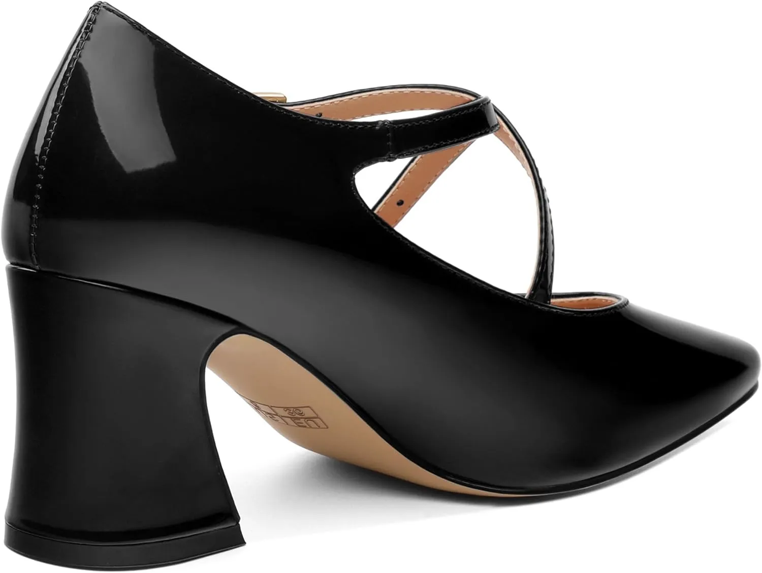 Women's Mid Chunky High Heels Closed Square Toe Patent Pumps Cross Strap Heels Evening Party Dress Shoes 2.5IN