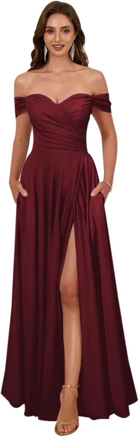 Women's Off The Shoulder Bridemaid Dresses Satin Formal Dress Maxi Evening Gown