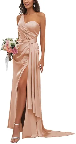 Women's One Shoulder Bridesmaid Dresses Waist Pleated Mermaid Prom Dresses Formal