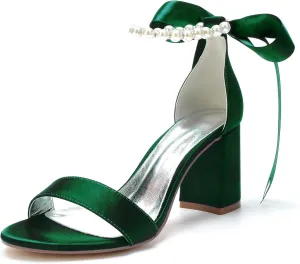 Women's Open Toe High Heels Pearls Satin Round Toe Stiletto Ankle Strap Chunky Heels for Prom Evening Wedding Party Dress Pumps Shoes