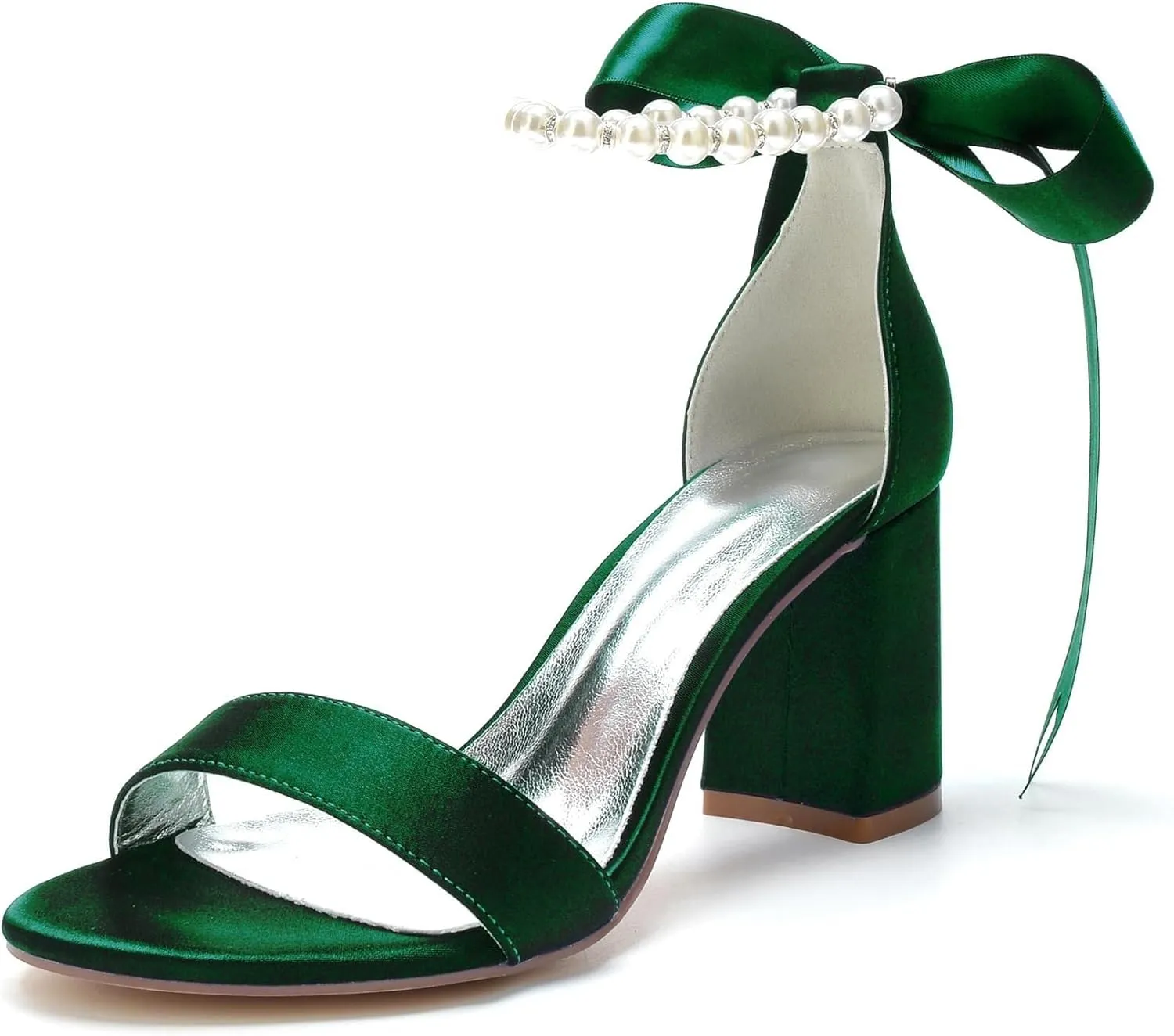 Women's Open Toe High Heels Pearls Satin Round Toe Stiletto Ankle Strap Chunky Heels for Prom Evening Wedding Party Dress Pumps Shoes