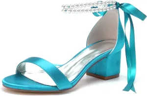 Women's Pearl Wedding Shoes for Bride - Low Block Heels Satin Bridal Prom Party Shoes 702-27