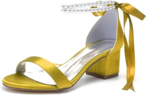 Women's Pearl Wedding Shoes for Bride - Low Block Heels Satin Bridal Prom Party Shoes 702-27