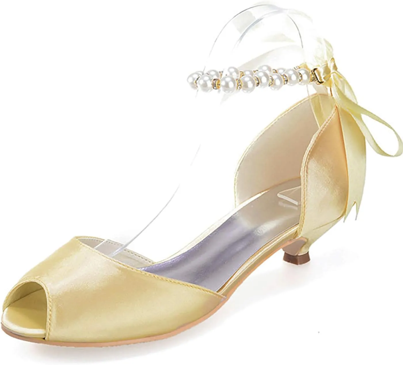 Women's Pearl White Wedding Shoes for Bride Low Heel Open Toe Satin Bridal Shoes Prom Party Dress Pumps Sandals
