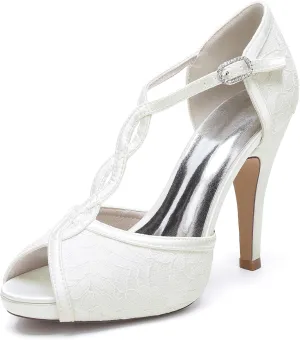 Women's Peep Platform Ballet Cross Strappy Lace Wedding Shoes Heel Sandals Party Dress Evening Bridal Shoes