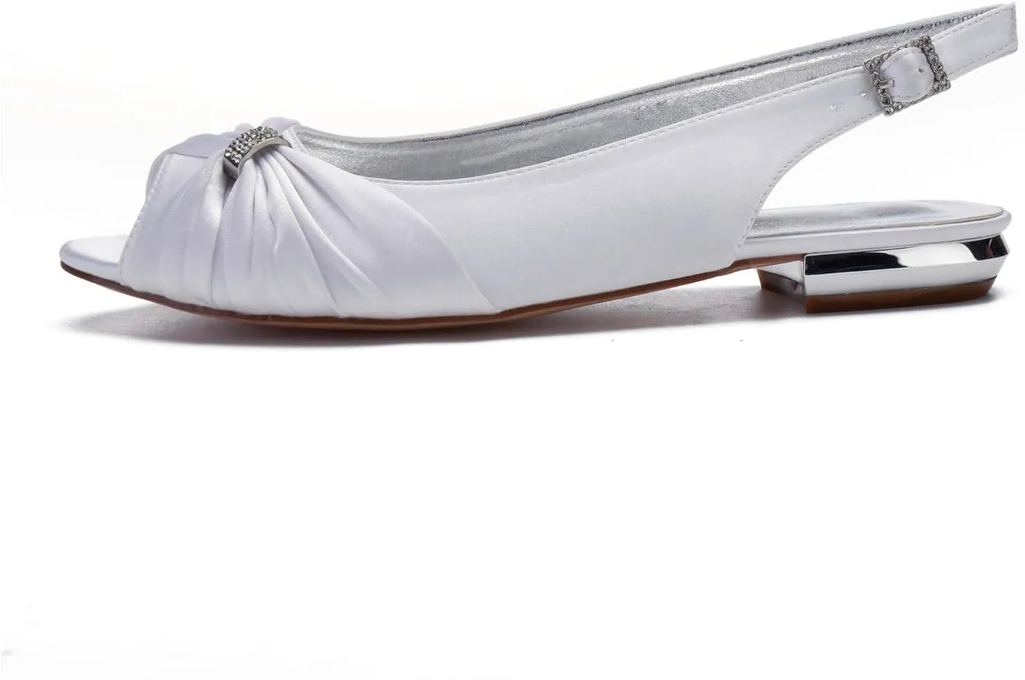 Women's Peep Toe Flat Pumps Slingback Evening Party Comfort Bridal Flats Sandals with Buckle Satin Wedding Dress Shoes
