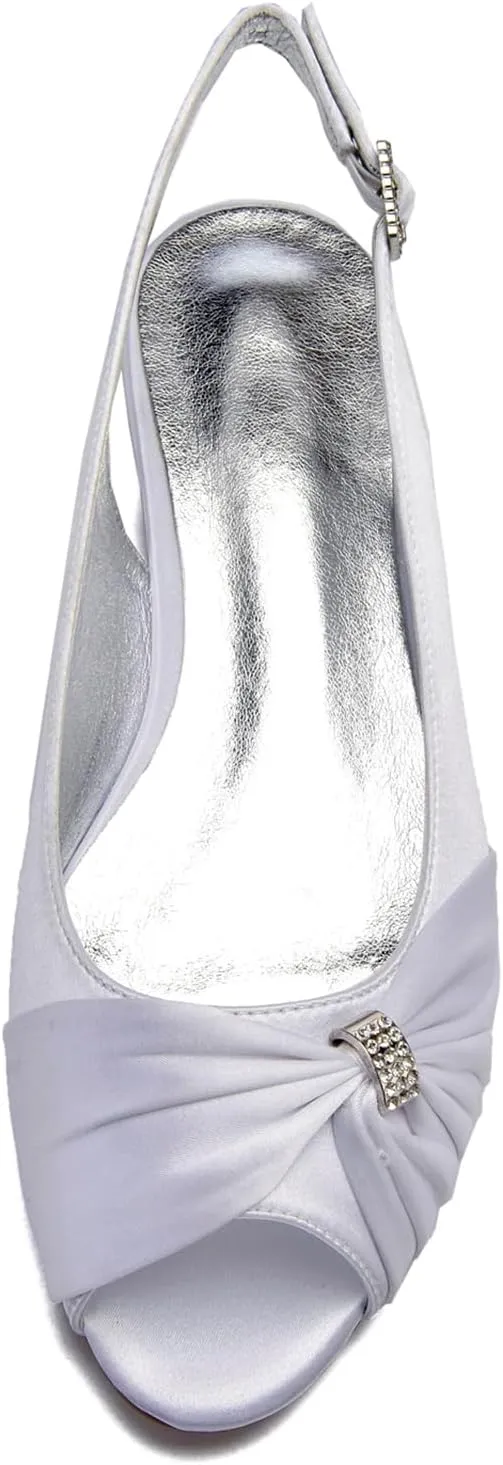Women's Peep Toe Flat Pumps Slingback Evening Party Comfort Bridal Flats Sandals with Buckle Satin Wedding Dress Shoes