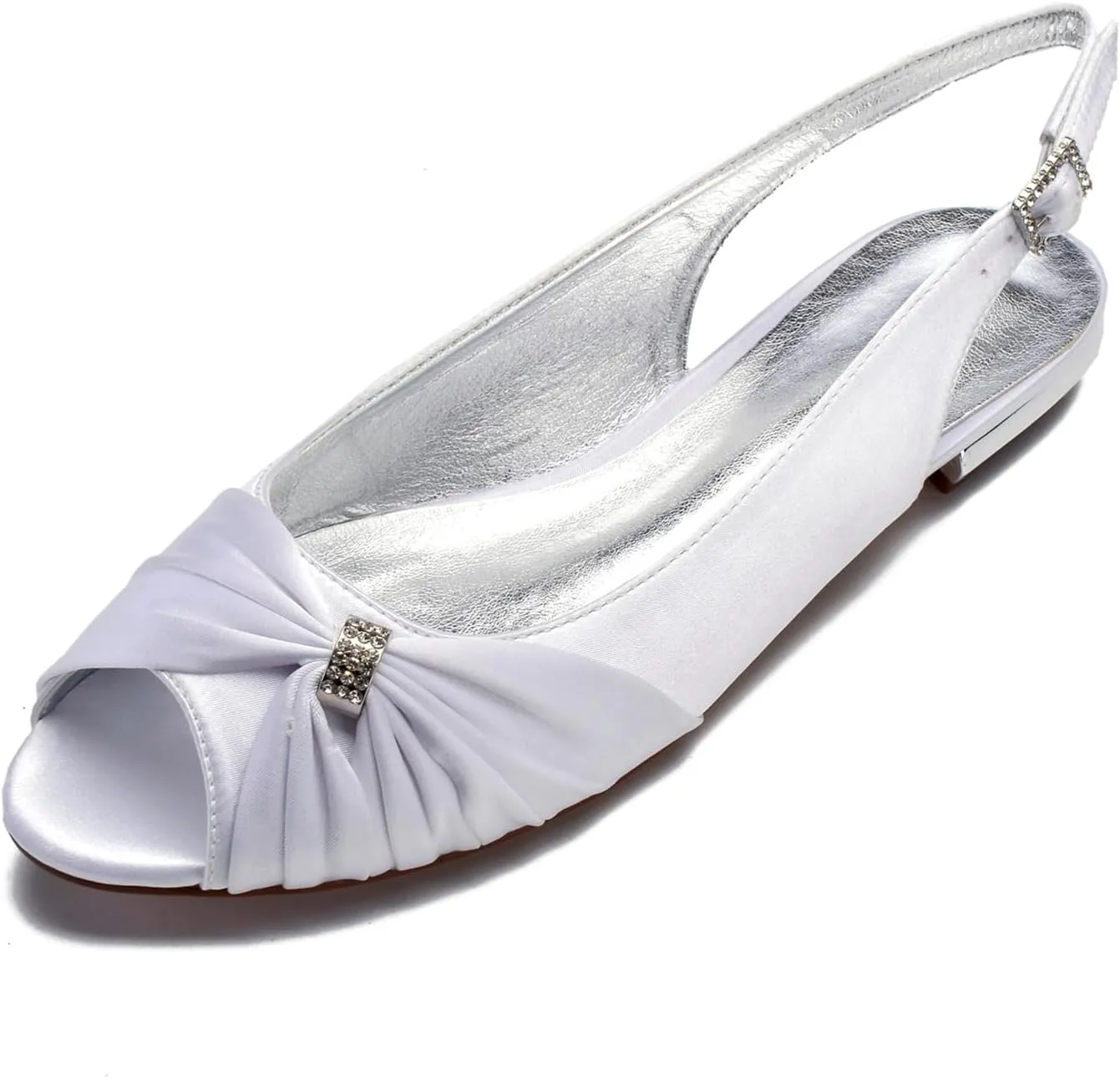 Women's Peep Toe Flat Pumps Slingback Evening Party Comfort Bridal Flats Sandals with Buckle Satin Wedding Dress Shoes