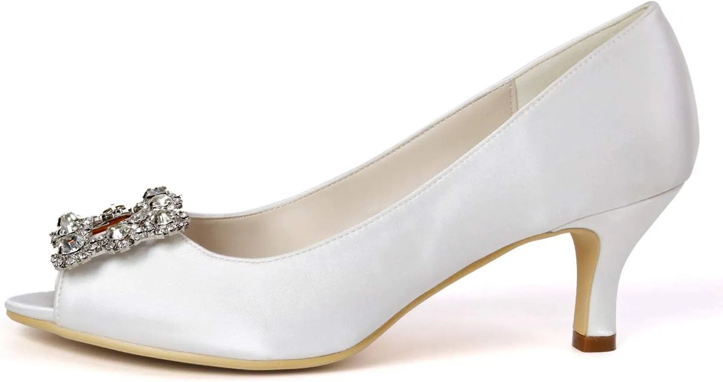 Women's Peep Toe Wedding Shoes for Bride Low Heels Bridal Shoes Satin Evening Party Pumps Sandals