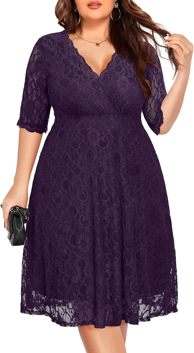 Women's Plus Size Wedding Guest Cocktail Party Semi Formal Lace Wrap V Neck Knee Length Dress