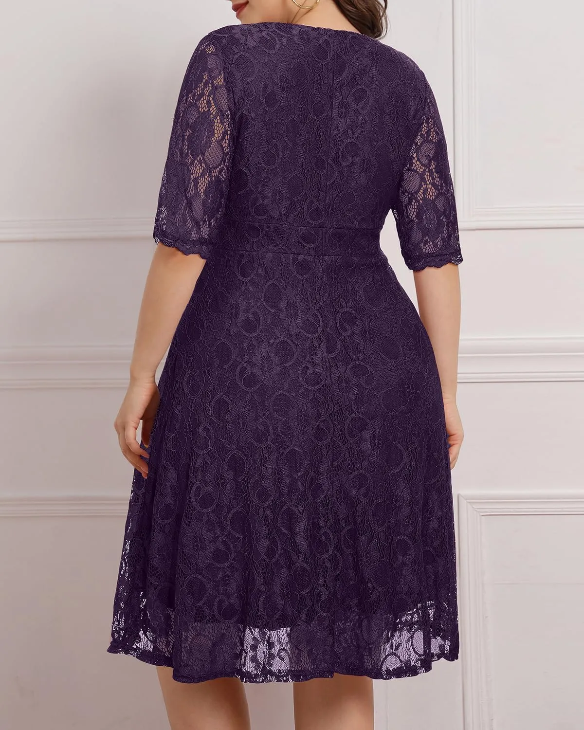 Women's Plus Size Wedding Guest Cocktail Party Semi Formal Lace Wrap V Neck Knee Length Dress