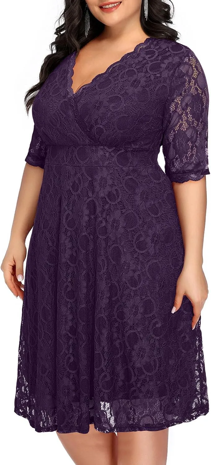 Women's Plus Size Wedding Guest Cocktail Party Semi Formal Lace Wrap V Neck Knee Length Dress