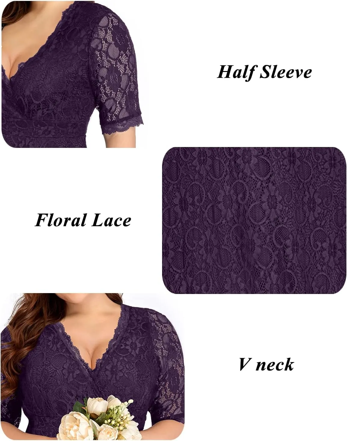 Women's Plus Size Wedding Guest Cocktail Party Semi Formal Lace Wrap V Neck Knee Length Dress