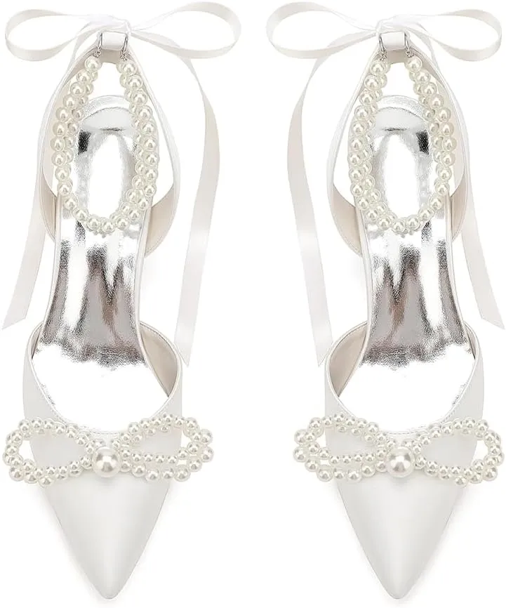 Women's Pointed Closed Toe Pearl Chunky Heels for Women Dressy Shoes Wedding Shoes for Bride Bridal Block Heels