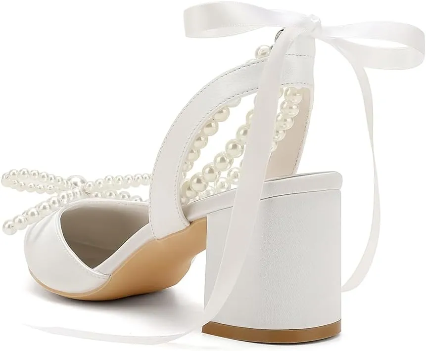 Women's Pointed Closed Toe Pearl Chunky Heels for Women Dressy Shoes Wedding Shoes for Bride Bridal Block Heels