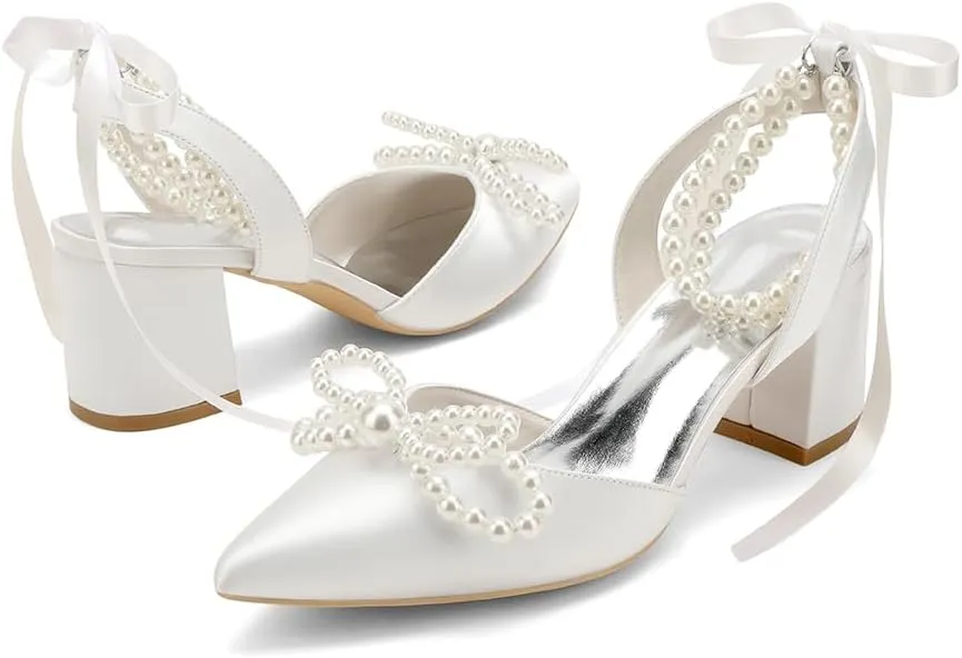 Women's Pointed Closed Toe Pearl Chunky Heels for Women Dressy Shoes Wedding Shoes for Bride Bridal Block Heels