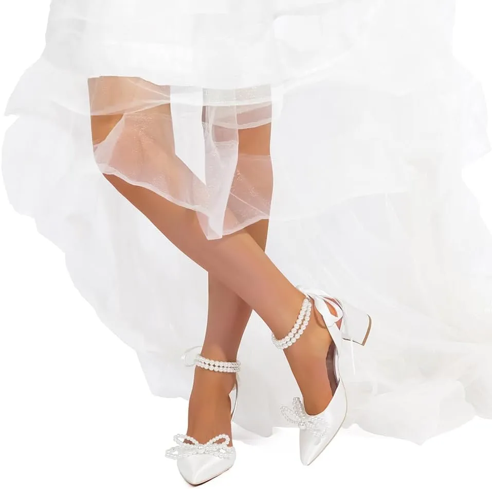 Women's Pointed Closed Toe Pearl Chunky Heels for Women Dressy Shoes Wedding Shoes for Bride Bridal Block Heels