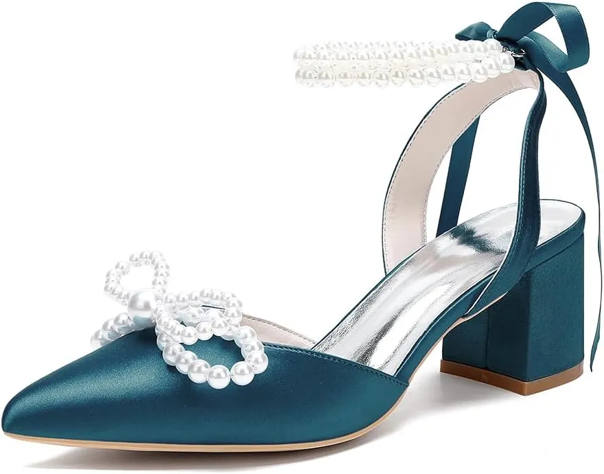 Women's Pointed Closed Toe Pearl Chunky Heels for Women Dressy Shoes Wedding Shoes for Bride Bridal Block Heels