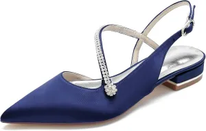 Women's Pointed Toe Beaded Satin Wedding Flats for Bride Comfortable White Bridal Shoes with Ankle Strap Prom Party Shoes Pumps