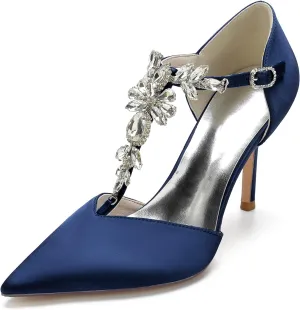 Women's Pointed Toe Crystal T-Strap Ankle Strap High Heel Stiletto Pumps Wedding Dress Shoes 3.35in