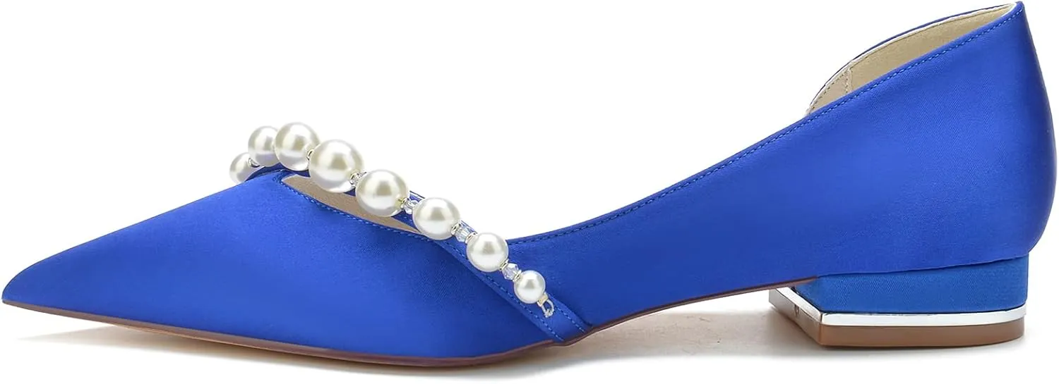 Women's Pointed Toe Pearl Satin Wedding Flats for Bride Comfortable White Bridal Shoes Prom Party Shoes Pumps