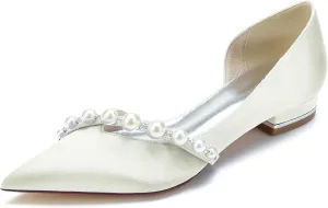 Women's Pointed Toe Pearl Satin Wedding Flats for Bride Comfortable White Bridal Shoes Prom Party Shoes Pumps