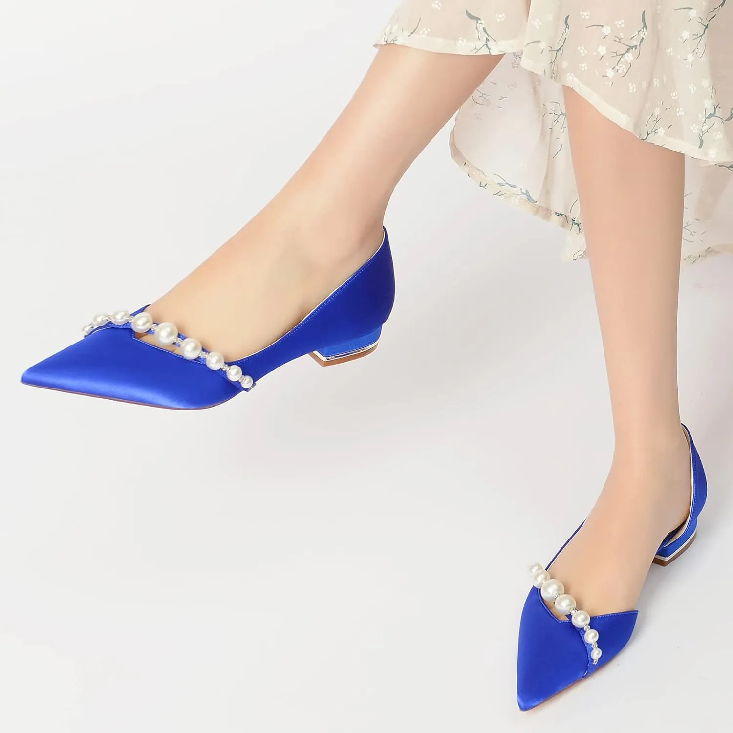 Women's Pointed Toe Pearl Satin Wedding Flats for Bride Comfortable White Bridal Shoes Prom Party Shoes Pumps