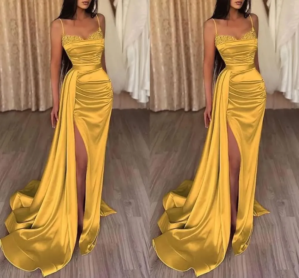 Women's Prom Dresses with Slit Spaghetti Strap Sparkly Mermaid Pleated Beading Stain Formal Evening Gowns