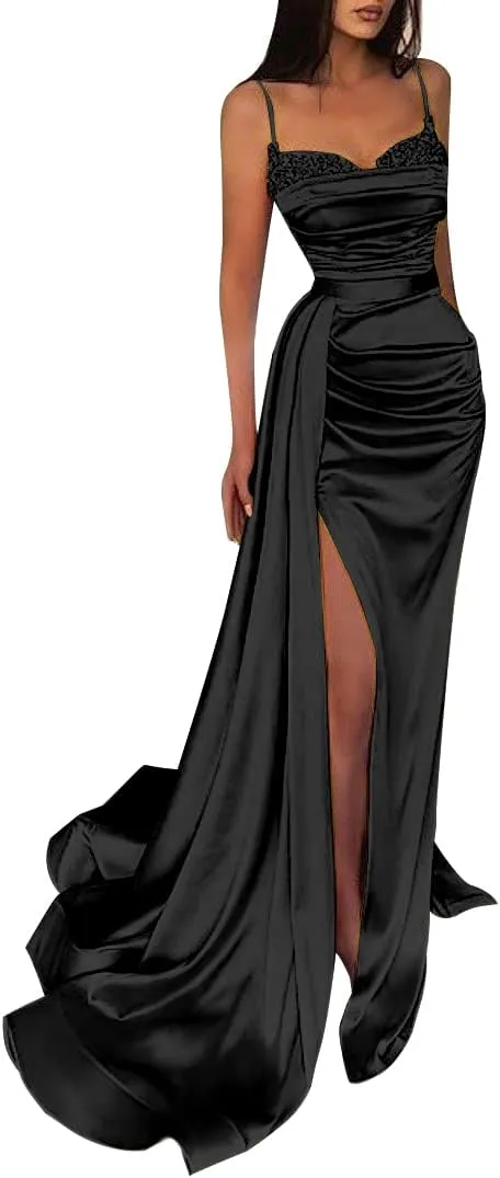Women's Prom Dresses with Slit Spaghetti Strap Sparkly Mermaid Pleated Beading Stain Formal Evening Gowns