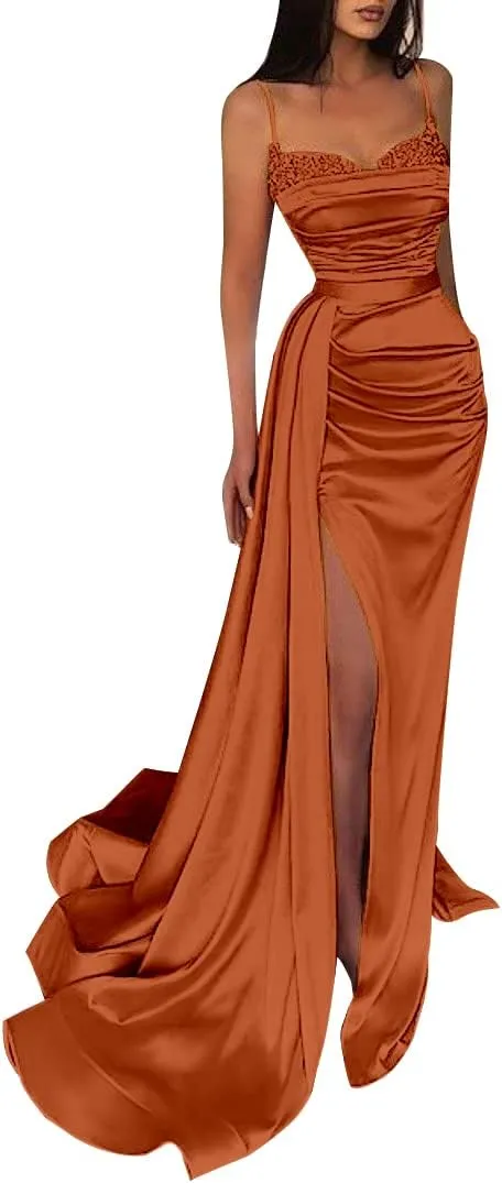 Women's Prom Dresses with Slit Spaghetti Strap Sparkly Mermaid Pleated Beading Stain Formal Evening Gowns