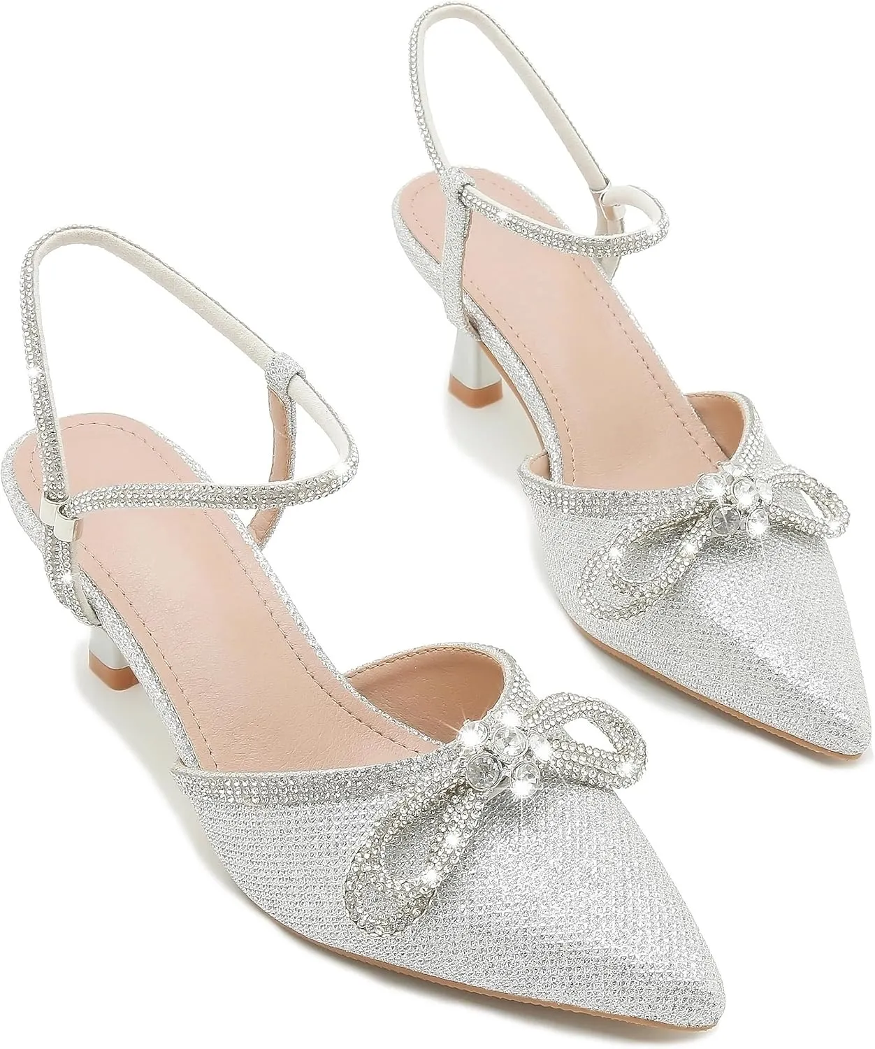 Women's Rhinstone Wedding Low Heel Slingback Kitten Heels, Adjustable Strap Pointed Toe Bow Pumps Prom Dress Shoes
