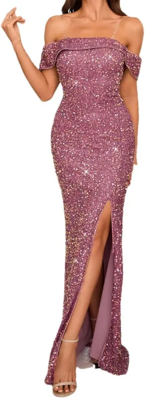 Women's Ropped Shoulders Backless Dresses High Slit Glitter Sequin Formal Party Dress