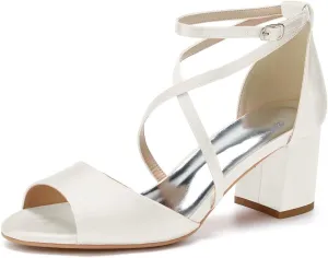 Women's Satin Block Heel Wedding Sandals Peep Toe Sandals for Women Cross Strap Evening Dressy Bridal Shoes for Women
