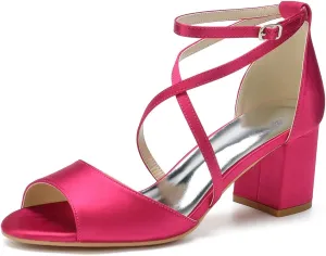 Women's Satin Block Heel Wedding Sandals Peep Toe Sandals for Women Cross Strap Evening Dressy Bridal Shoes for Women