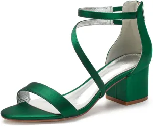 Women's Satin Block Heels Wedding Sandals Ankle Strap Comfortable Bridal Shoes Formal Evening Prom Party Shoes
