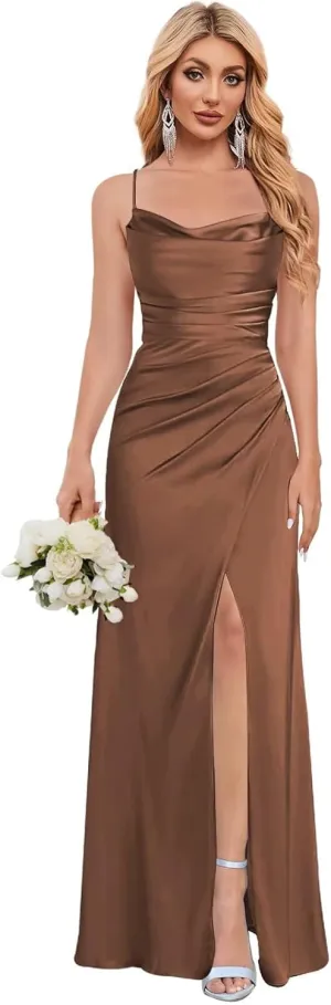 Women's Satin Bridesmaid Dresses with Slit Mermaid Prom Dress Long Ruched Wedding Guest Gown
