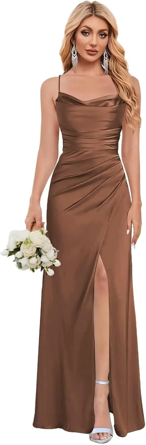 Women's Satin Bridesmaid Dresses with Slit Mermaid Prom Dress Long Ruched Wedding Guest Gown