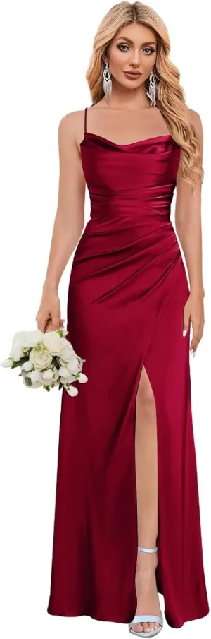 Women's Satin Bridesmaid Dresses with Slit Mermaid Prom Dress Long Ruched Wedding Guest Gown