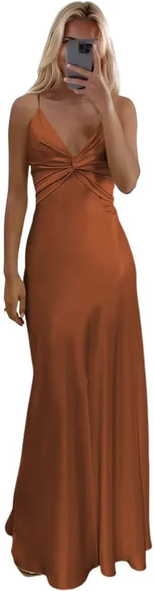 Women's Satin Prom Dresses 2025 with Slit for Women Ruched Mermaid Evening Party Dresses PU233